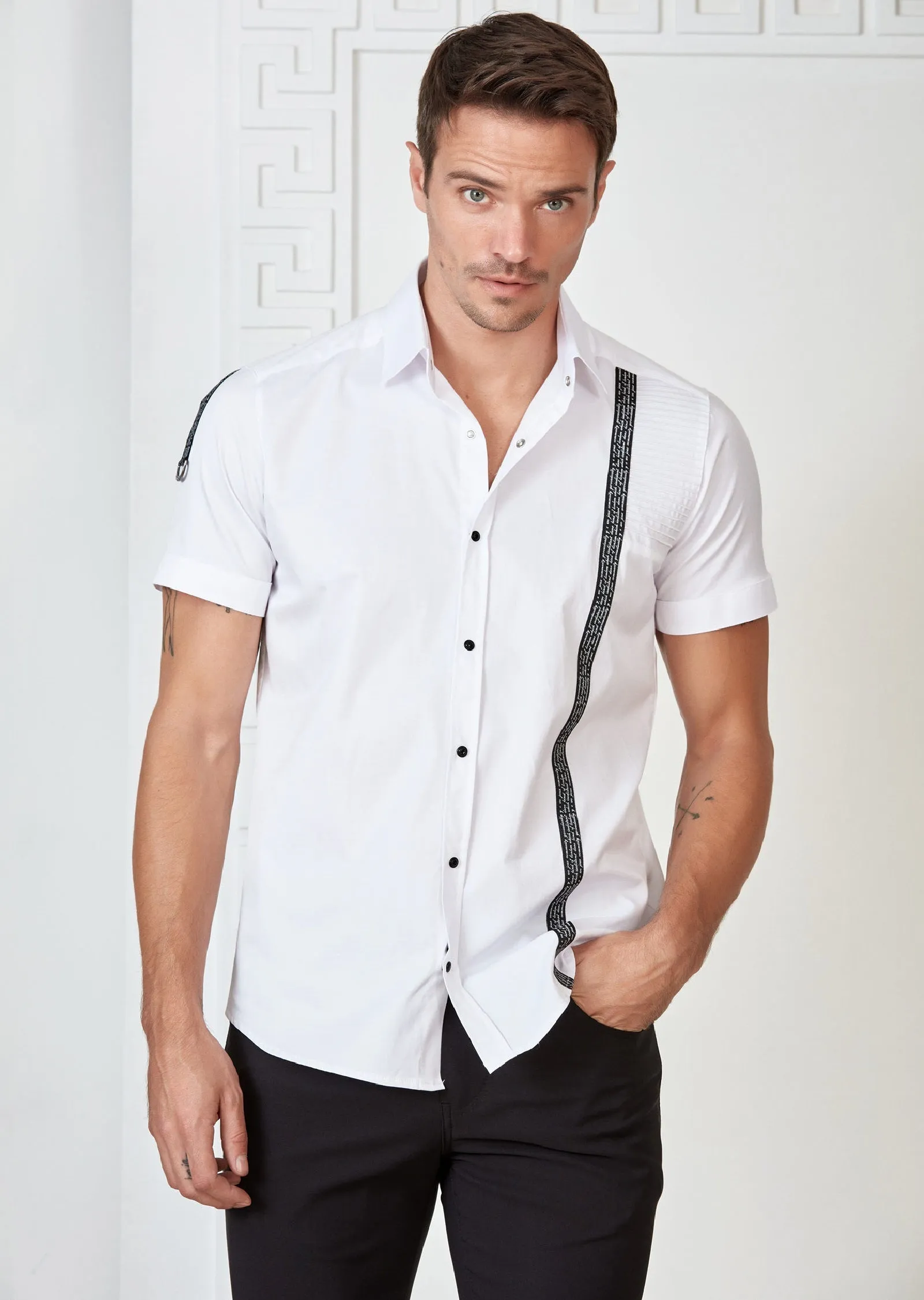 White Quilted Ribbon Short Sleeve Shirt