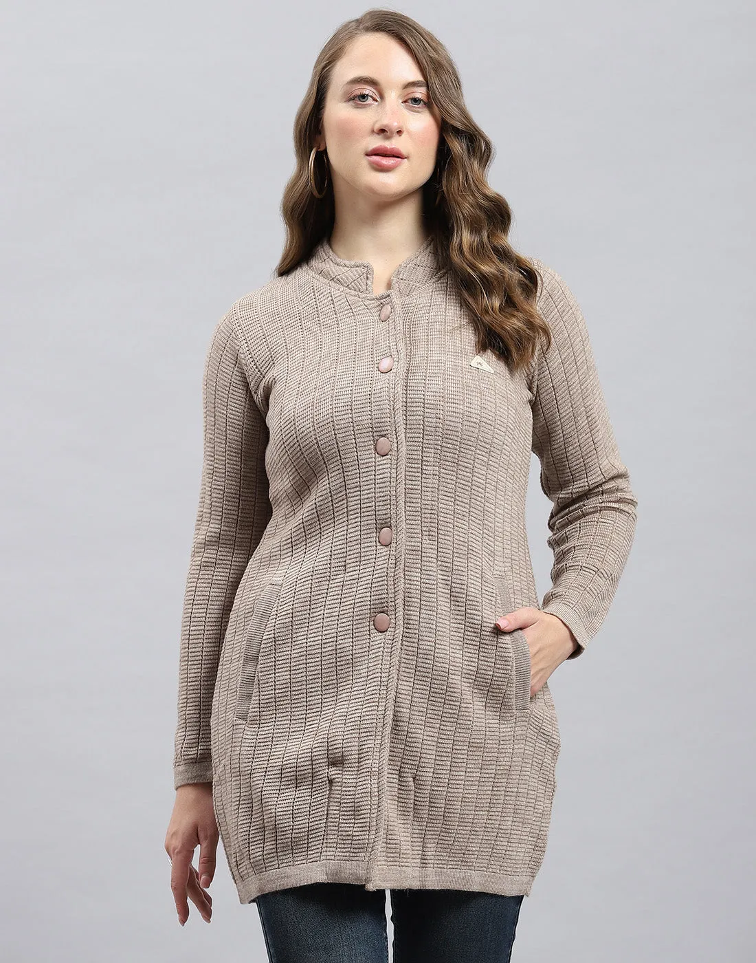 Women Beige Self Design Round Neck Full Sleeve Knitted coat