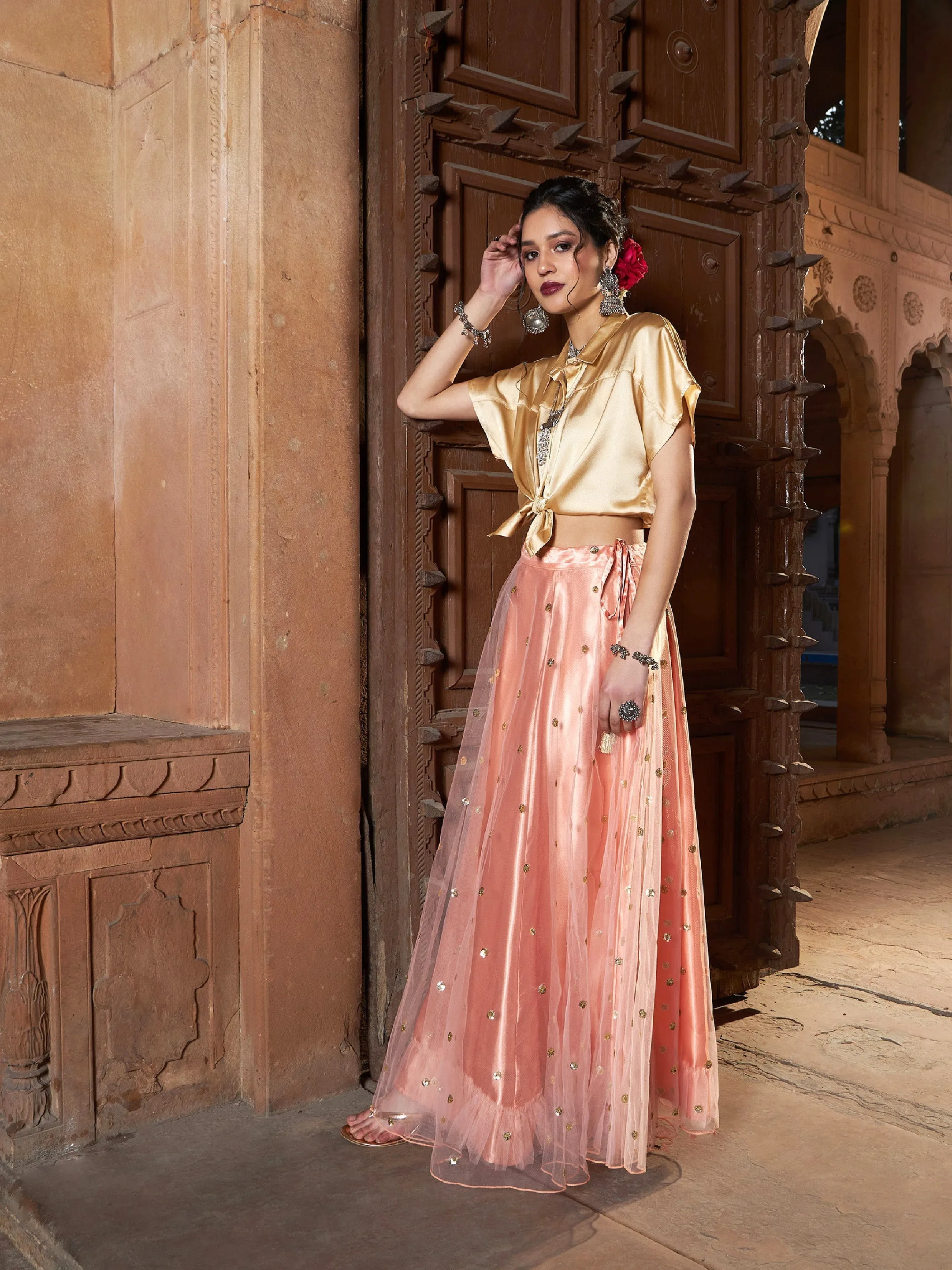 Women Gold Satin Crop Shirt With Peach Tulle Sequin Skirt