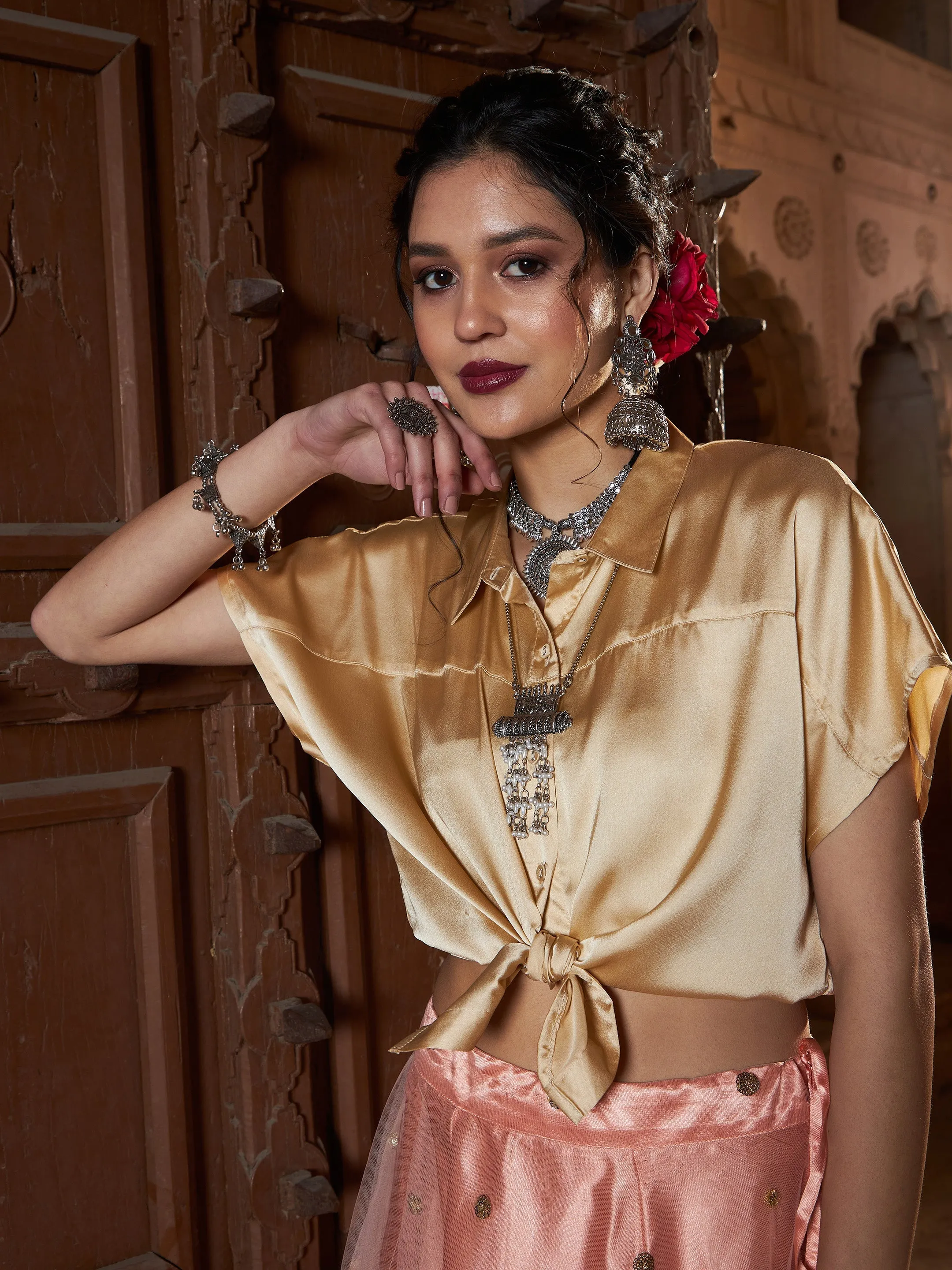 Women Gold Satin Crop Shirt With Peach Tulle Sequin Skirt