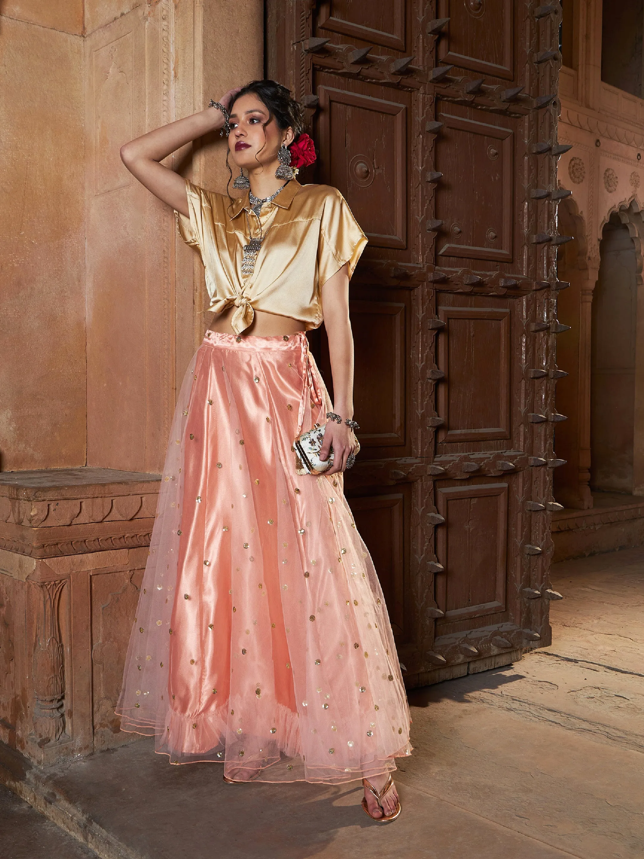 Women Gold Satin Crop Shirt With Peach Tulle Sequin Skirt