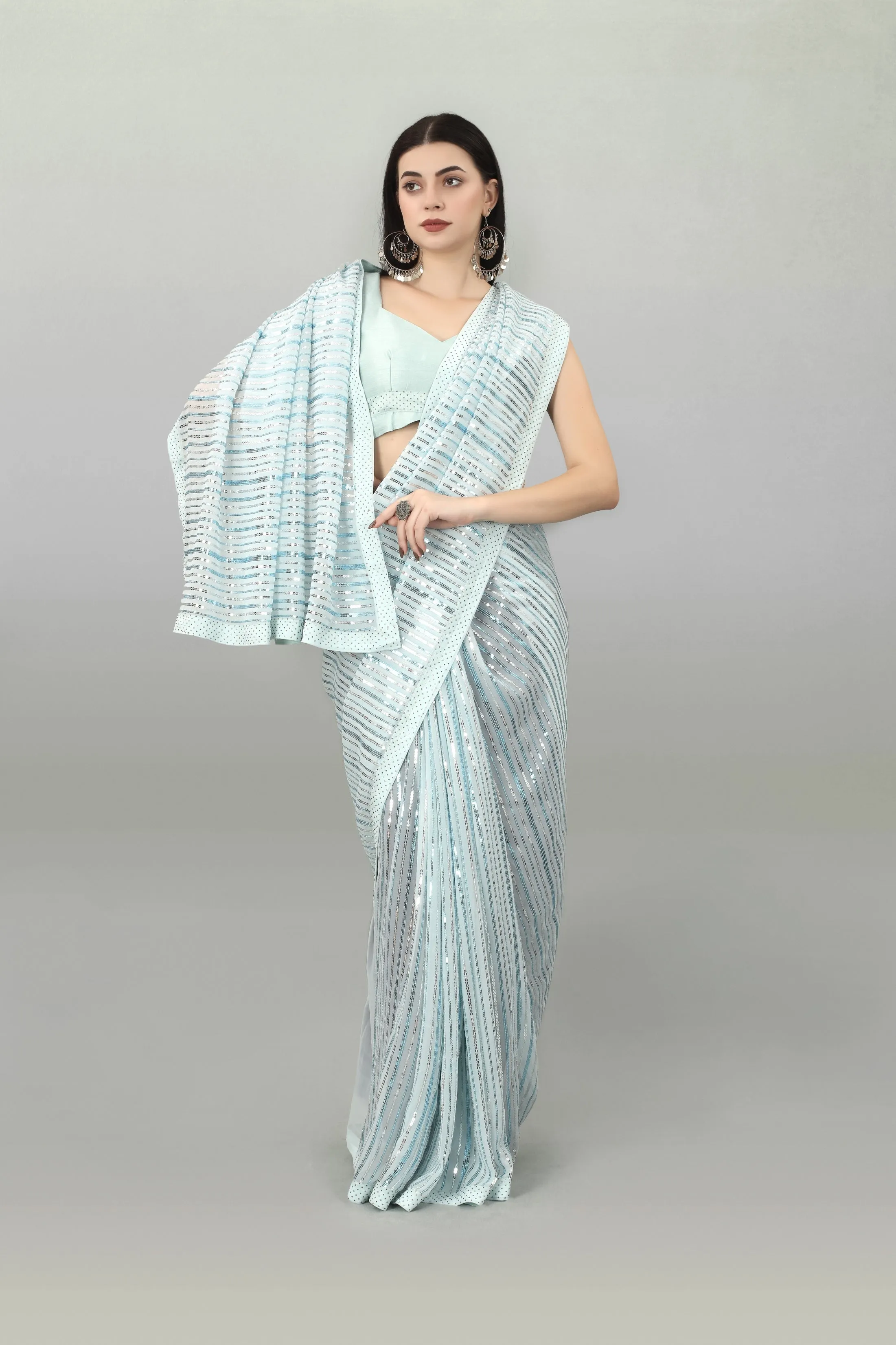 Women Party Wear Sequence Worked Sky Blue Colour Heavy Georgette Saree Collection