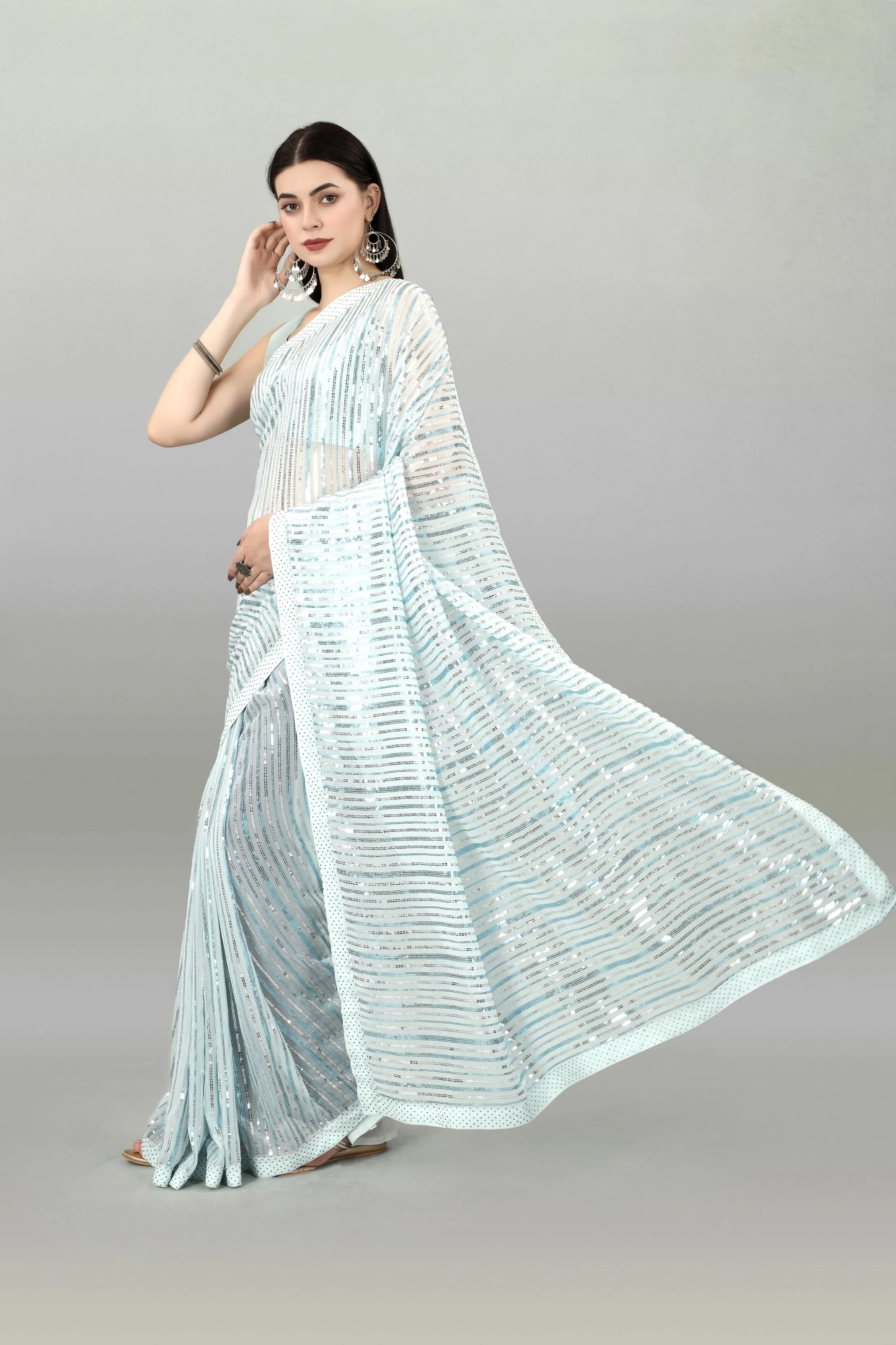 Women Party Wear Sequence Worked Sky Blue Colour Heavy Georgette Saree Collection