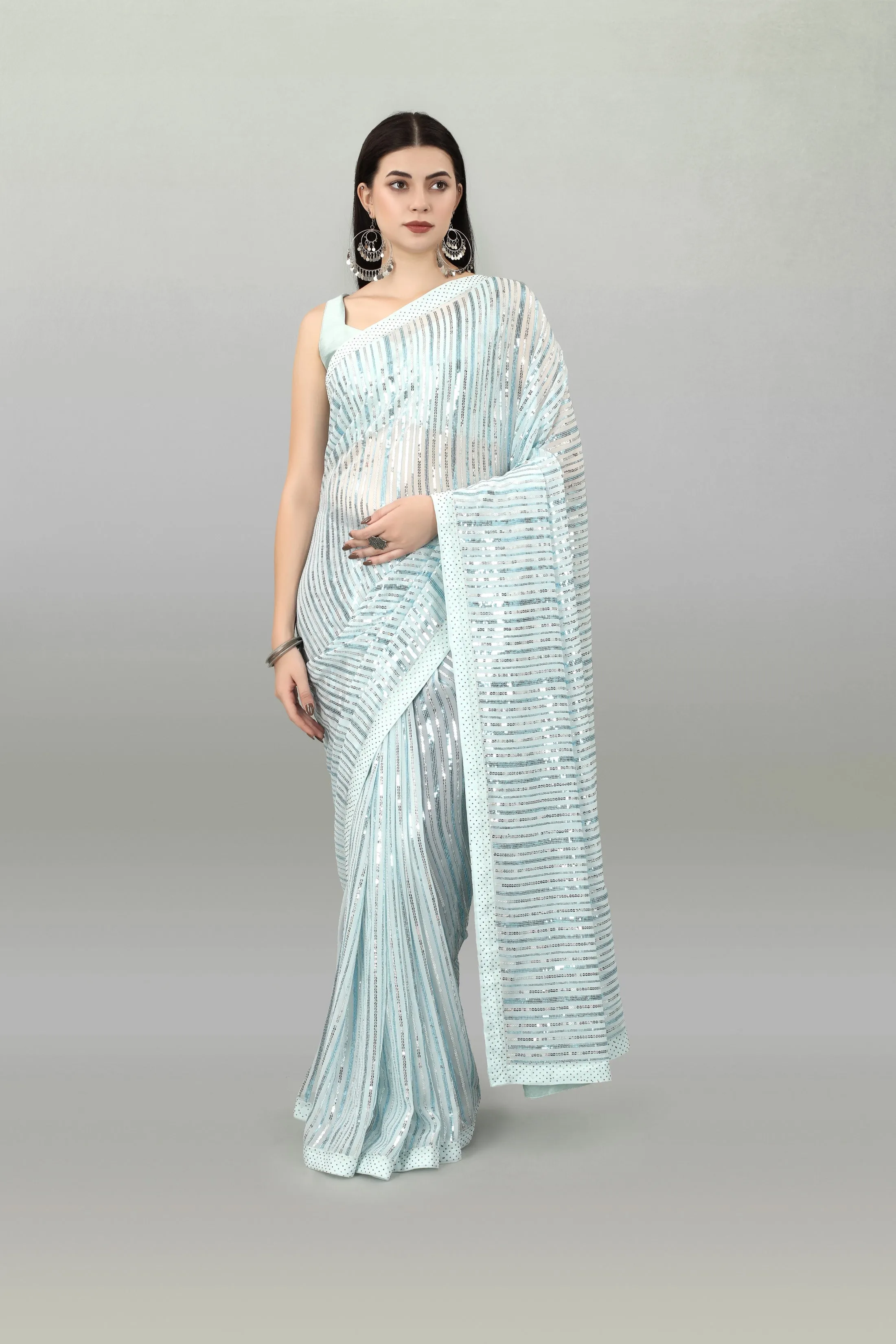 Women Party Wear Sequence Worked Sky Blue Colour Heavy Georgette Saree Collection