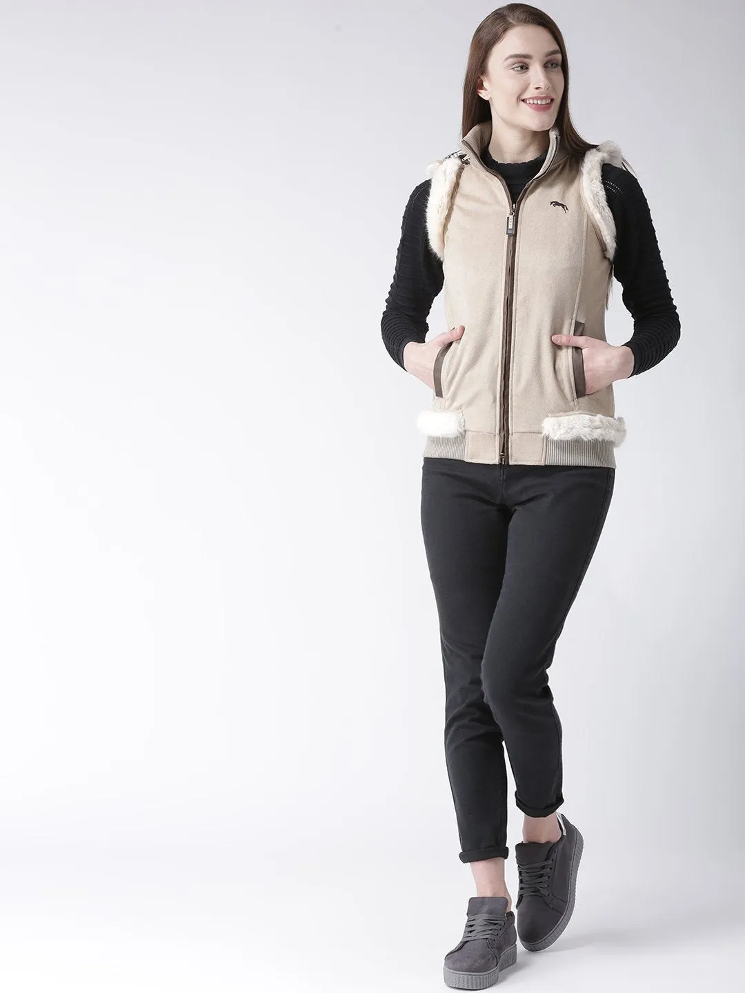 Women Polyster Casual Sleeveless  Beige Winter Jacket