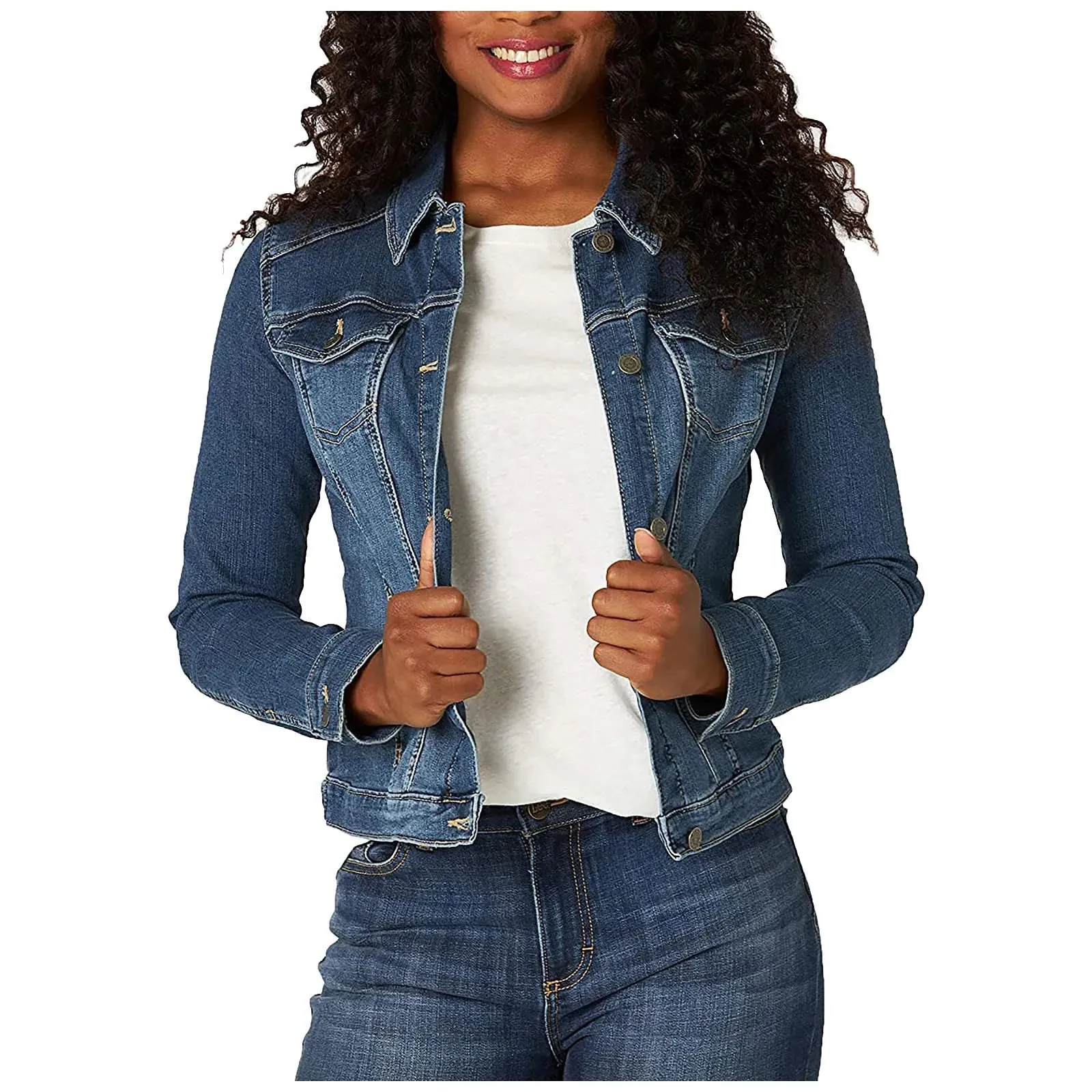 Women's Casual Denim Jacket Western Basic Lapel Button Up Long Sleeve Trucker Jean Jacket Biker Coat Tops