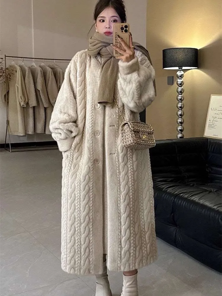 Women's Elegant Twist Knit Faux Fur Coat