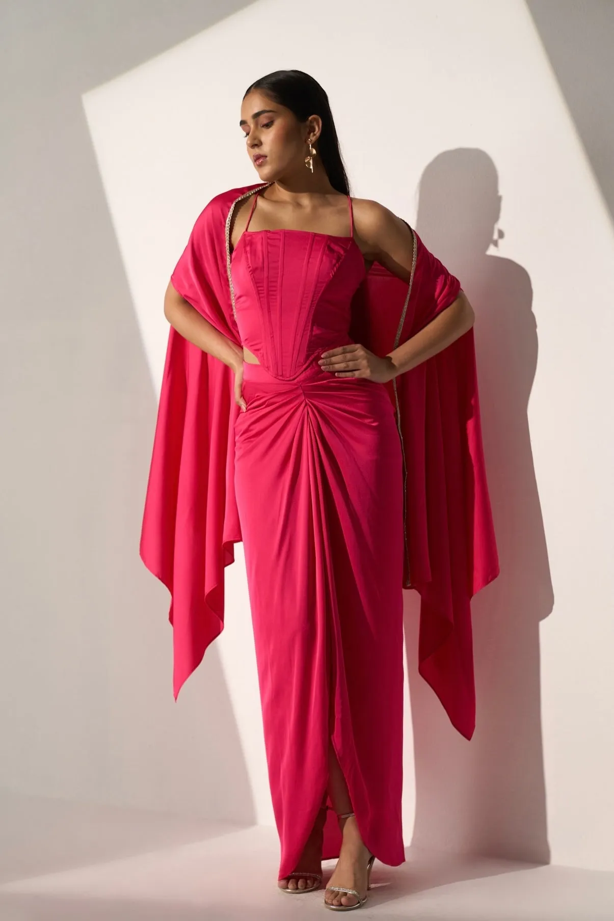 Women's Pink Corset top, draped skirt and a cape