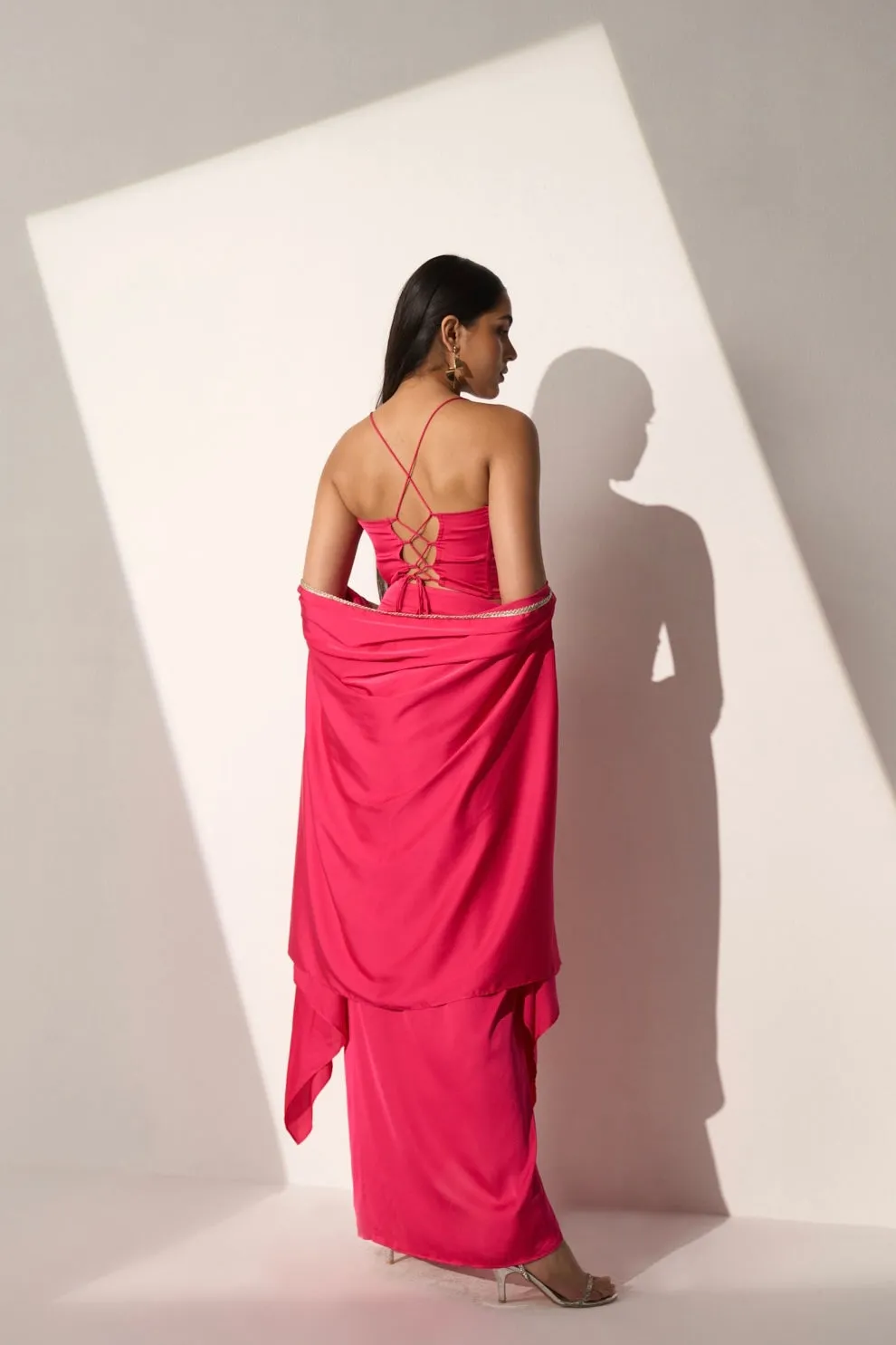 Women's Pink Corset top, draped skirt and a cape